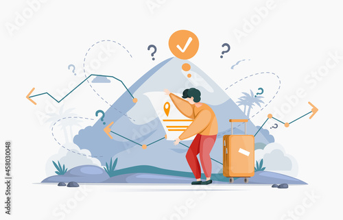 Making confusion choice of path. Man thought about solution to problem choose options person concept. Career, life and question decision. Person traveler with bag thinks hesitates to make ones choice