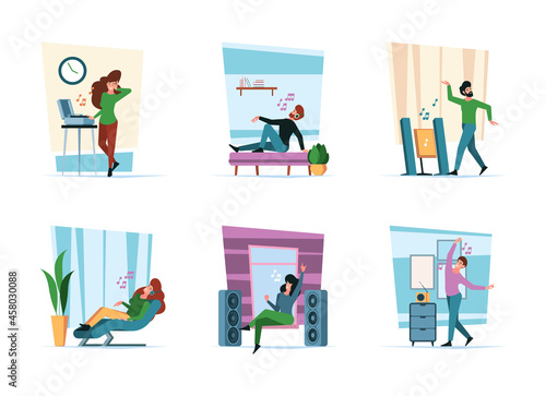 Listen music. Characters relaxing in interior lying on couch sitting on sofa dancing happy people garish vector illustrations in flat style