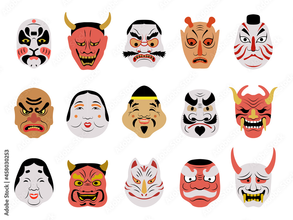 Asian mask. Tattoo salon face japanese authentic portraits colored woman  body art theatrical masks wolf and fox recent vector pictures set Stock  ベクター | Adobe Stock