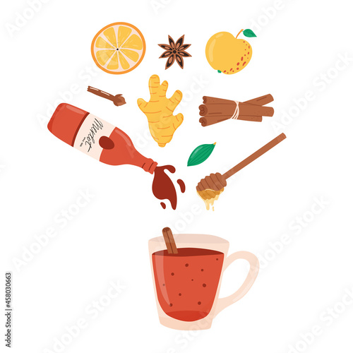 Mulled or hot wine ingredients over the glass with cinnamon, bottle, honey and cardamom - flat vector illustration of recipe.