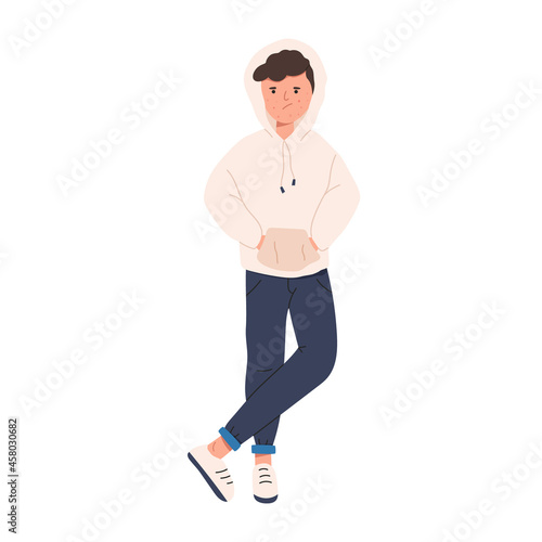 Teenager with acne flat vector illustration isolated on white background. Upset boy with pimple inflammation wears hoodie and jeans.