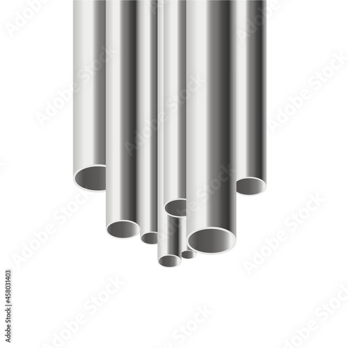 White background with metal chrome pipes of different diameter for water or gas.