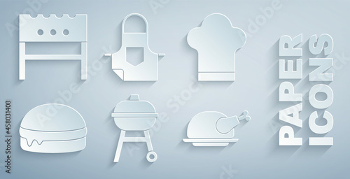 Set Barbecue grill, Chef hat, Burger, Roasted turkey or chicken, Kitchen apron and BBQ brazier icon. Vector