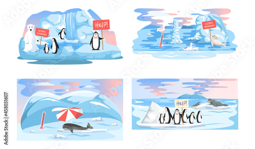 Global warming, environment pollution, global warming heating impact. Change climate. Penguins and polar bear floating on iceberg. World Environment Day, sun ecology. Global warming ice landscape