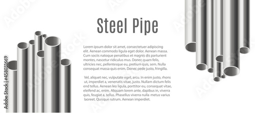 Banner with realistic steel chrome pipes of different diameter and text.