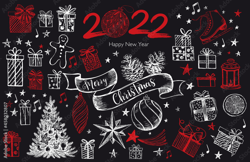 Christmas and New Year 2022 set. Hand drawn illustration. Vector.
Christmas and New Year 2022 set. Hand drawn illustration. Vector.