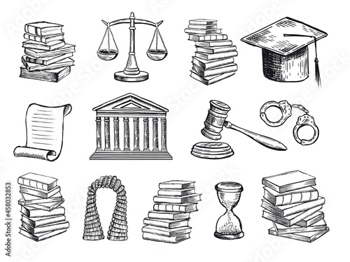 Law symbols set. Scales vector hand drawn.	
