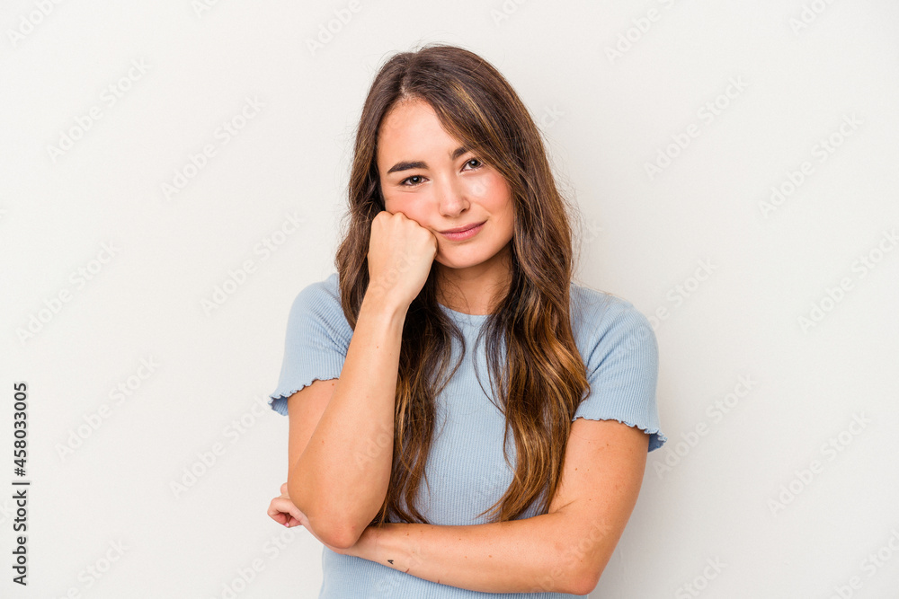 Young caucasian woman isolated on white background who feels sad and pensive, looking at copy space. Young caucasian woman isolated on white background who feels sad and pensive, looking at copy space.
