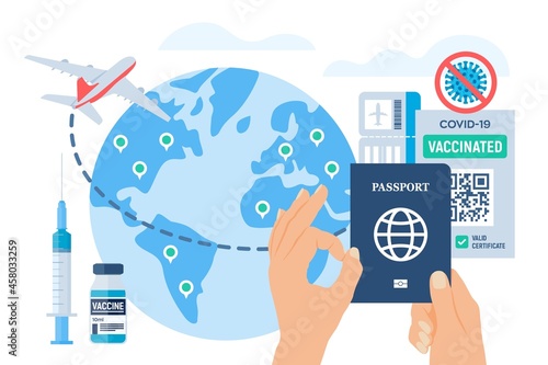 Immunity Vaccination Health passport and immunization record document in hands. Hand shows Ok gesture. COVID-19 coronavirus vaccination certificate for international travelling. Vector illustration.