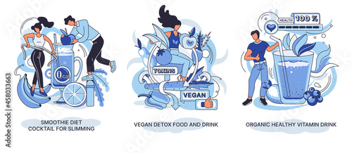 Organic healthy vitamin drink, vegan detox food, smoothie diet cocktail for slimming. Vegetarianism and dieting creative metaphors, mobile app templates. Healthy lifestyle proper nutrition health care