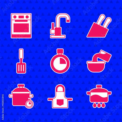 Set Stopwatch, Kitchen apron, Cooking pot, Saucepan, Barbecue spatula, Knife and Oven icon. Vector