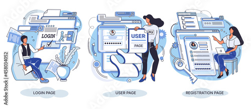 Enter login and password. Registration page on screen. Sign in to your account creative metaphor. Login page. Mobile app with user page. User profile, news, notifications. Identification in internet