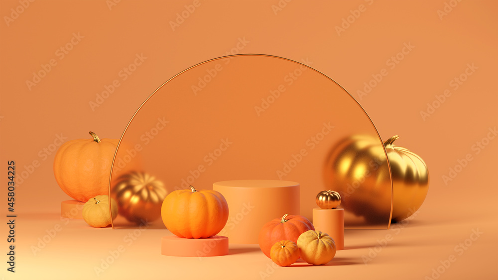 3d layout Halloween scene with product podium on orange background ...