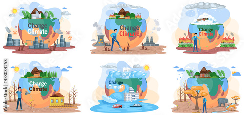Climate change. Flat global warming tiny persons concept. Nature environment danger. Temperature rising and animal extinction, climate change and danger for ecology. Natural disasters cataclysms