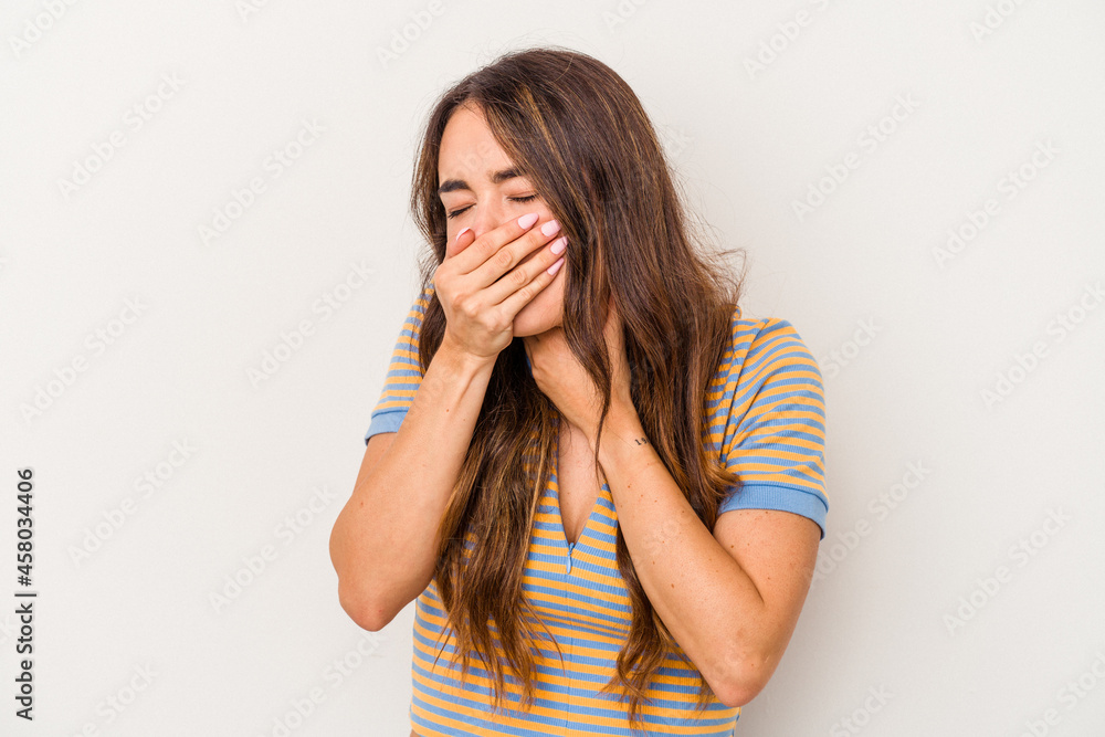 Young caucasian woman isolated on white background suffers pain in throat due a virus or infection. Young caucasian woman isolated on white background suffers pain in throat due a virus or infection.