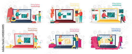 Online fashion workshop. Seamstress or tailor distance education platform. Professional master sewing clothes. Creative atelier profession. Teacher explains pattern on laptop screen to female student