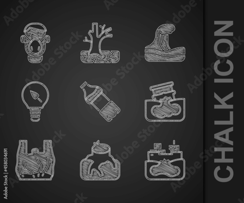 Set Bottle of water, Deforestation, Wrecked oil tanker ship, Barrel leak, Say no to plastic bags poster, Light bulb with leaf, Tsunami and Face in protective mask icon. Vector