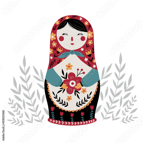 Matryoshka Russian Nesting Doll. Traditional Russian Culture. Folk toy. Babushka doll. Hand drawn vector illustration. 