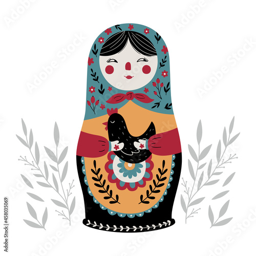 Matryoshka Russian Nesting Doll. Traditional Russian Culture. Folk toy. Babushka doll. Hand drawn vector illustration. 