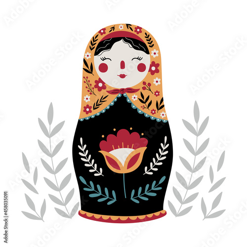 Matryoshka Russian Nesting Doll. Traditional Russian Culture. Folk toy. Babushka doll. Hand drawn vector illustration. 