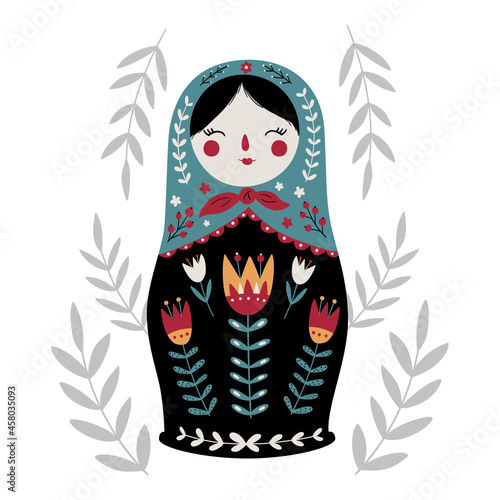 Matryoshka Russian Nesting Doll. Traditional Russian Culture. Folk toy. Babushka doll. Hand drawn vector illustration. 