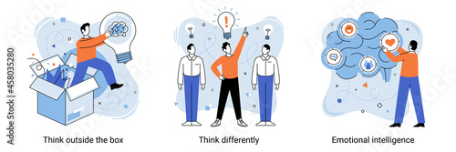 Motivational creative metaphor with quote think outside the box think differently emotional intelligence. Being different, standing out from crowd. Concept of individuality, uniqueness and creativity