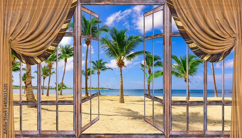 nature landscape  through a window with curtains