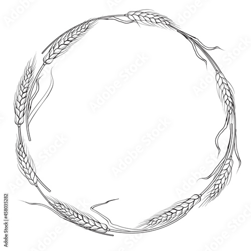 Round wreath of wheat in black and white.Rye frame illustration.