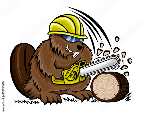 Beaver icon with chainsaw on white background.