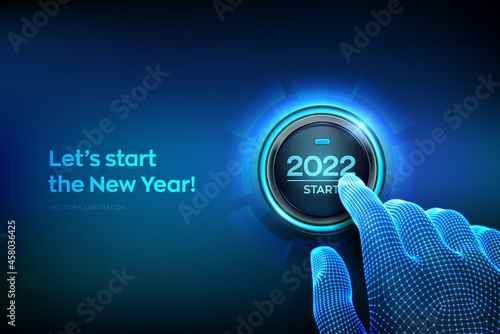 2022 start. Finger about to press a button with the text 2022 start. Happy new year. New Year two thousand and twenty one is coming concept. Vector illustration.