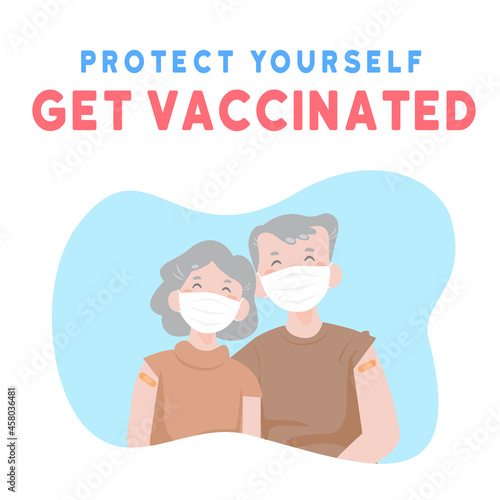 Time to vaccinate. vaccination of the elderly.protect your self. old couple get vaccinated. senior man and senior woman wear mask. grandma and grandpa. prevention COVID19.flat design vector illustion.