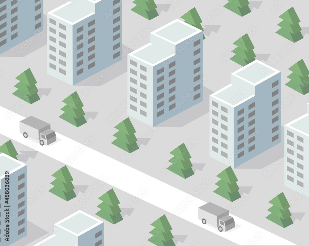 Isometric view of the city. Collection of houses 3D illustration