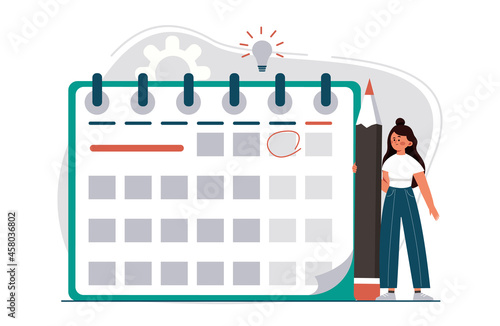 Manager planning event landing page in flat style. Man with pencil appointing date of event and making note in calendar. Vector illustration for schedule, agenda, time management