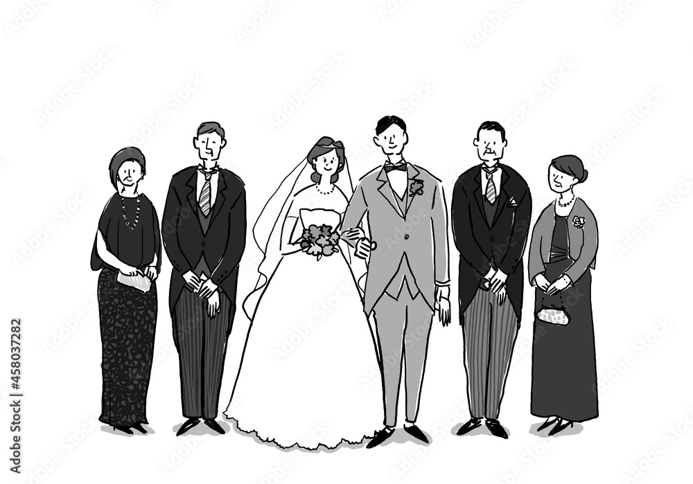新郎新婦と親族 両親 花嫁 ドレス1 義母 母 洋装 洋装 ウエディングドレス 結婚 ウエディング Stock Illustration Adobe Stock