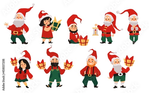 Funny cute Christmas dwarfs or gnomes flat vector illustration isolated.