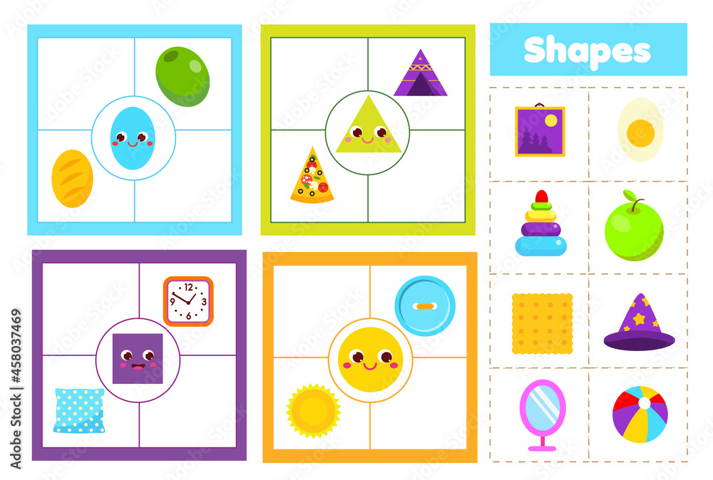 Matching children educational game. Match objects wtih geometric shapes. Activity for kids and toddlers. Matching children educational game. Match objects wtih geometric shapes. Activity for kids and toddlers.