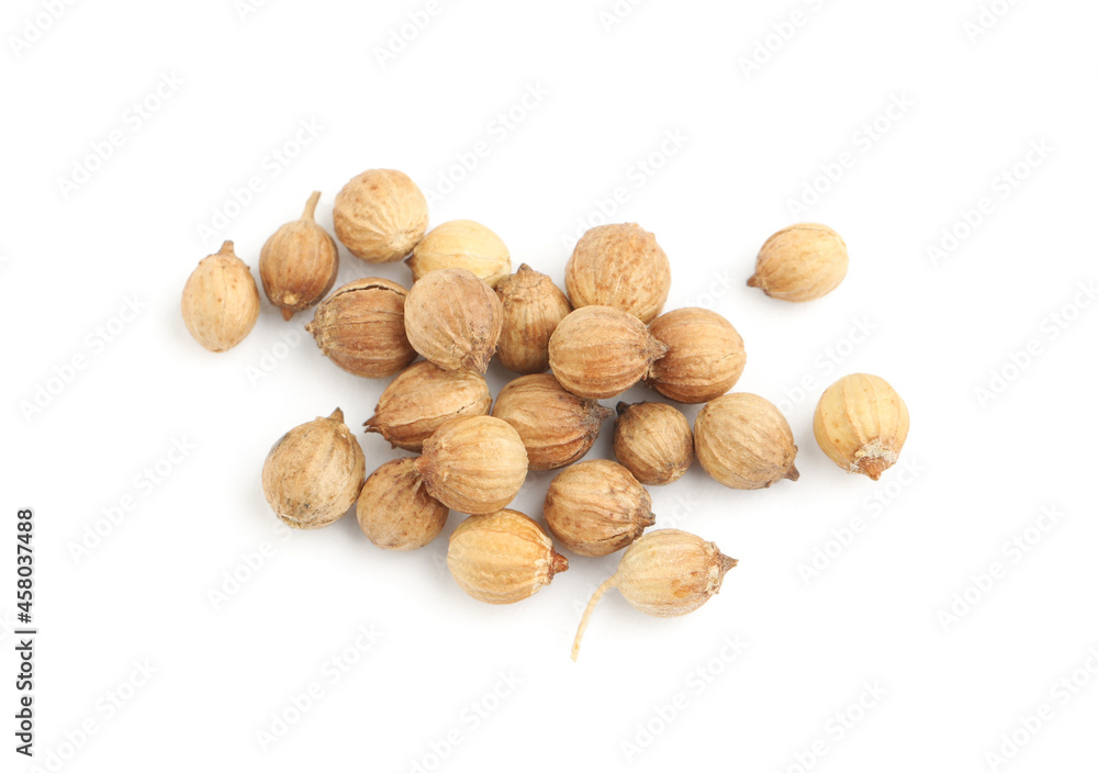 Scattered dried coriander seeds on white background, top view Scattered dried coriander seeds on white background, top view