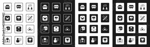 Set Speech bubble chat, Heart rate, Graduation cap, Censored stamp, Police car and flasher and Peace talks icon. Vector