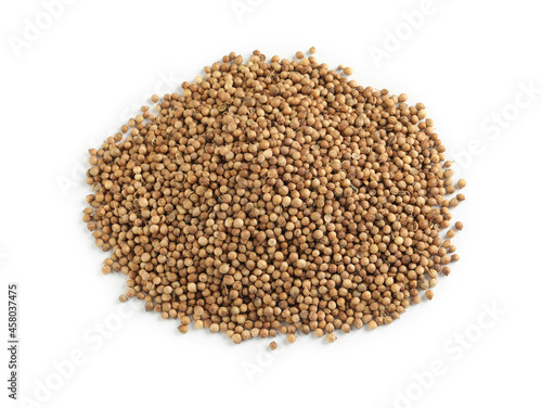 Heap of dried coriander seeds on white background  top view