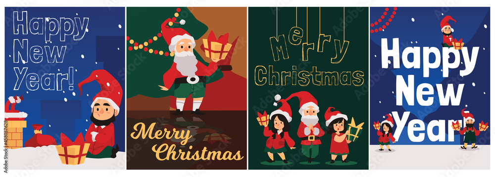 Christmas and New Year cards with elves or dwarfs, flat vector illustration.