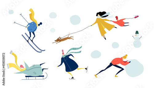 People in winter outdoor activity. Flat vector illustration.