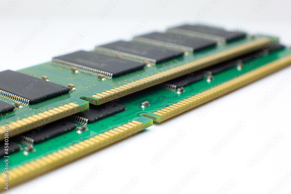 RAM memory for computer on the white background. Close up, macro photo. RAM memory for computer on the white background. Close up, macro photo.