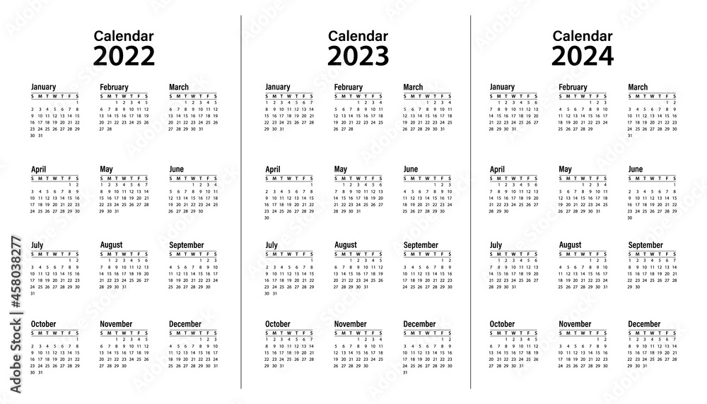 Calendar template for 2022, 2023 and 2024. Calendar design in black and white. The week starts on Sunday. Victor Calendar template for 2022, 2023 and 2024. Calendar design in black and white. The week starts on Sunday. Victor