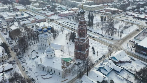 Aerial view of the Cathedral of the Archangel Michael and the bell tower in Bronnitsy in winter, Moscow region, Russia