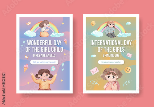Poster template with International Day of the Girl Child concept,watercolor style