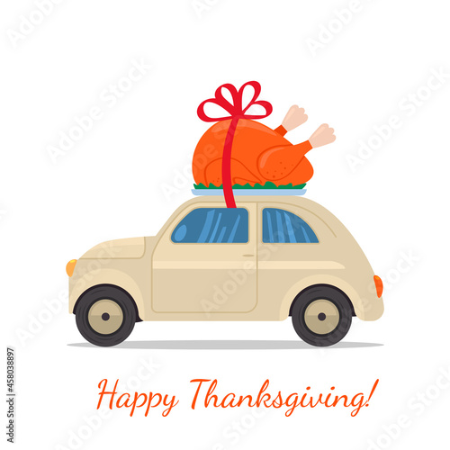 a small car on the roof is driving a holiday turkey for Thanksgiving. a trip home for the holidays.
