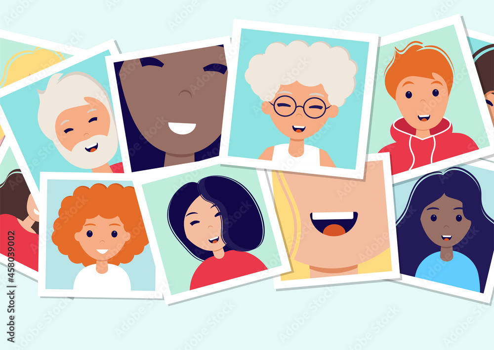World smile day. Many pictures with smiling people of different nationalities. Photo frames on the table. Template for banner, postcard, card, invitation. Illustration in flat style. World smile day. Many pictures with smiling people of different nationalities. Photo frames on the table. Template for banner, postcard, card, invitation. Illustration in flat style.