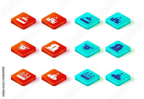 Set Burning candle in candlestick, Church tower, Flag with christian cross, Grave tombstone, building and Ark of noah icon. Vector