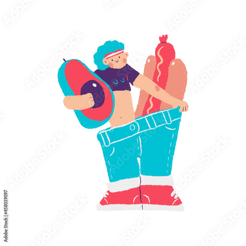 Diet vector concept illustration with cute woman character in oversize jeans with avocado and hotdog isolated on a white background.