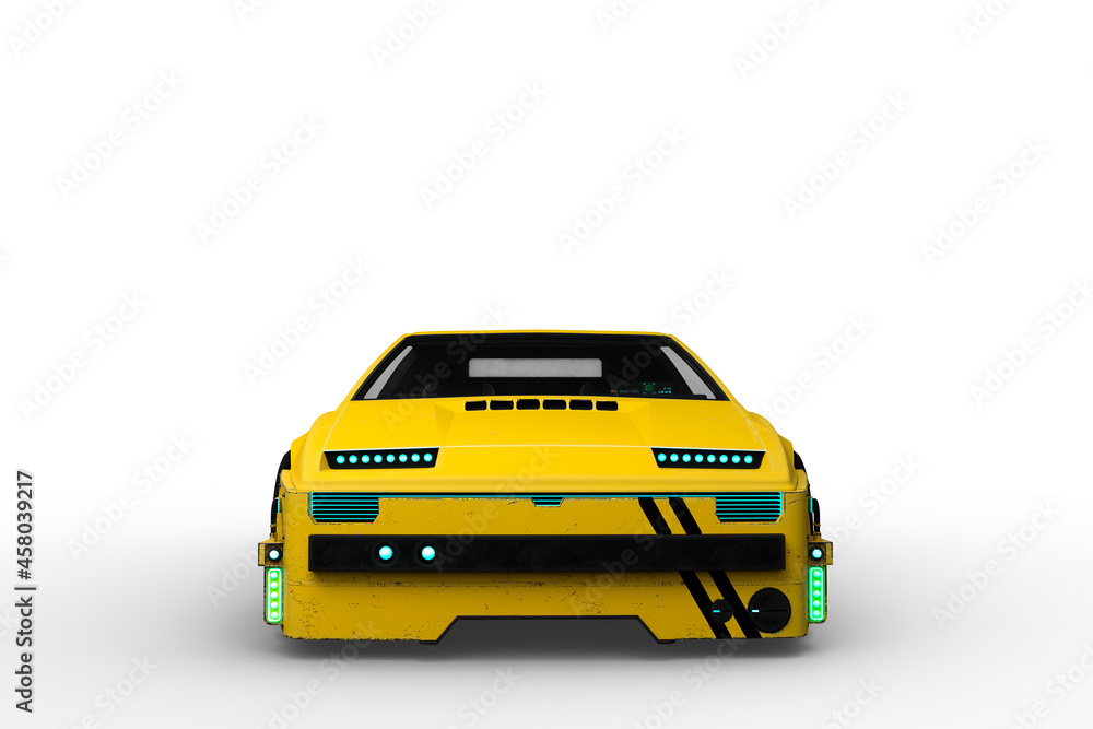 Front view 3D rendering of a yellow and black cyberpunk style futuristic car isolated on a white background. Front view 3D rendering of a yellow and black cyberpunk style futuristic car isolated on a white background.